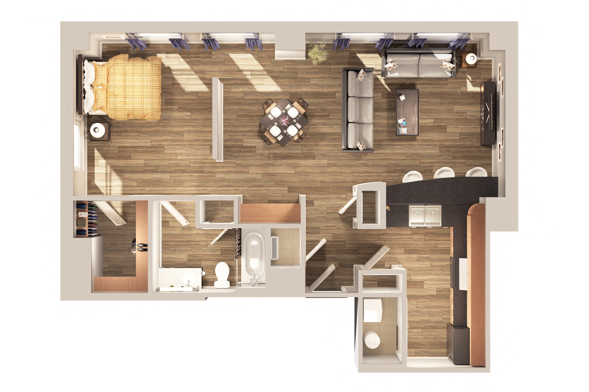 Floor plan for 1 bed, 1 bath, 801 sqft